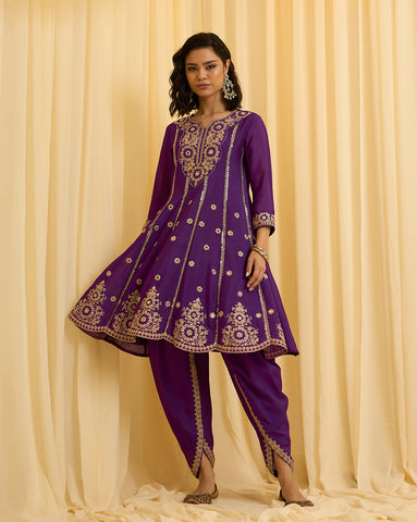 Purple Embroidered Short Anarkali and Dhoti Pant Set