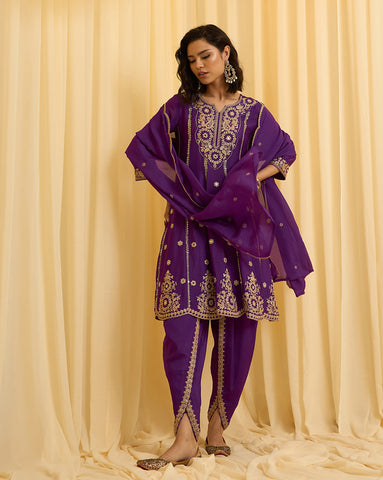 Purple Embroidered Short Anarkali and Dhoti Pant Set