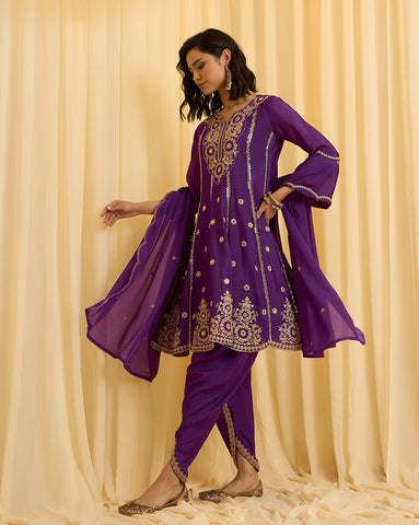 Purple Embroidered Short Anarkali and Dhoti Pant Set