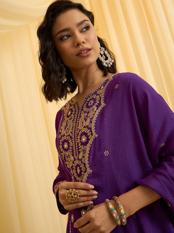 Purple Embroidered Short Anarkali and Dhoti Pant Set