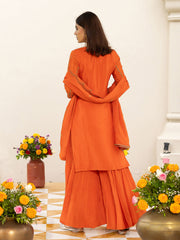 Orange Zari Sequence Thread Embroidered and Cording Kurta With Palazzo And Dupatta Set