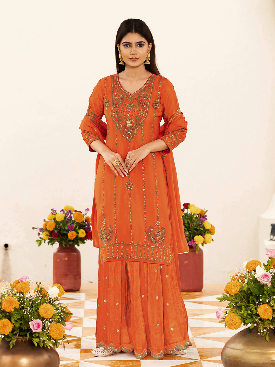 Orange Zari Sequence Thread Embroidered and Cording Kurta With Palazzo And Dupatta Set