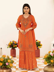 Orange Zari Sequence Thread Embroidered and Cording Kurta With Palazzo And Dupatta Set