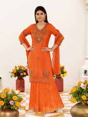 Orange Zari Sequence Thread Embroidered and Cording Kurta With Palazzo And Dupatta Set