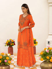 Orange Zari Sequence Thread Embroidered and Cording Kurta With Palazzo And Dupatta Set