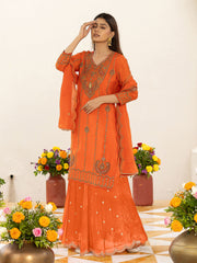 Orange Zari Sequence Thread Embroidered and Cording Kurta With Palazzo And Dupatta Set