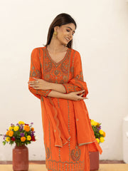 Orange Zari Sequence Thread Embroidered and Cording Kurta With Palazzo And Dupatta Set