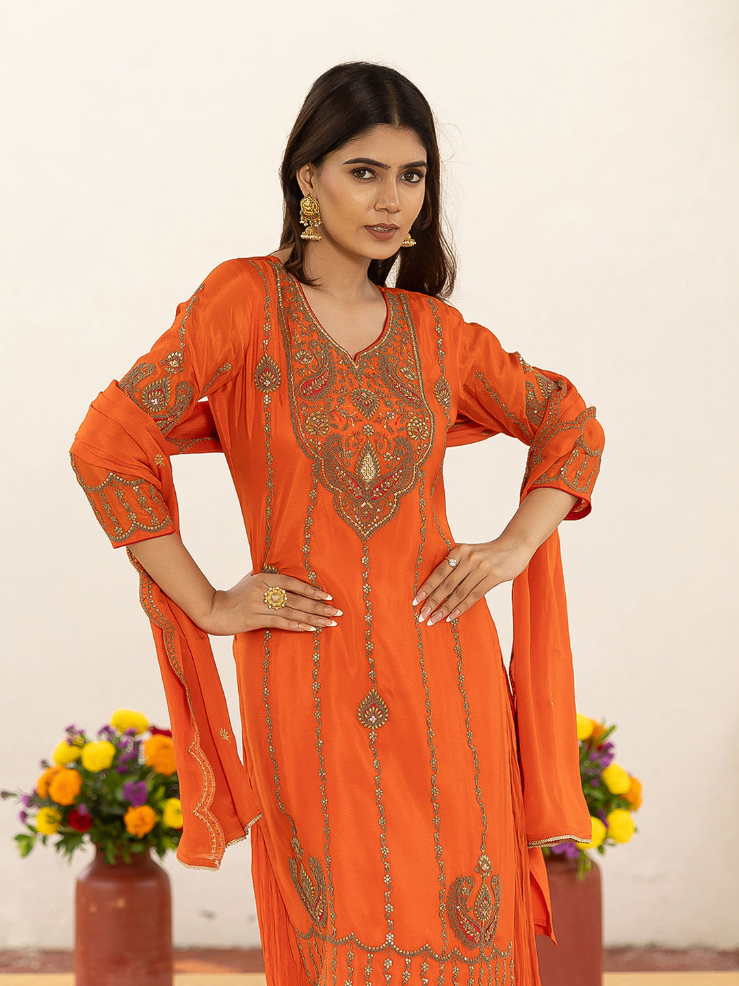 Orange Zari Sequence Thread Embroidered and Cording Kurta With Palazzo And Dupatta Set