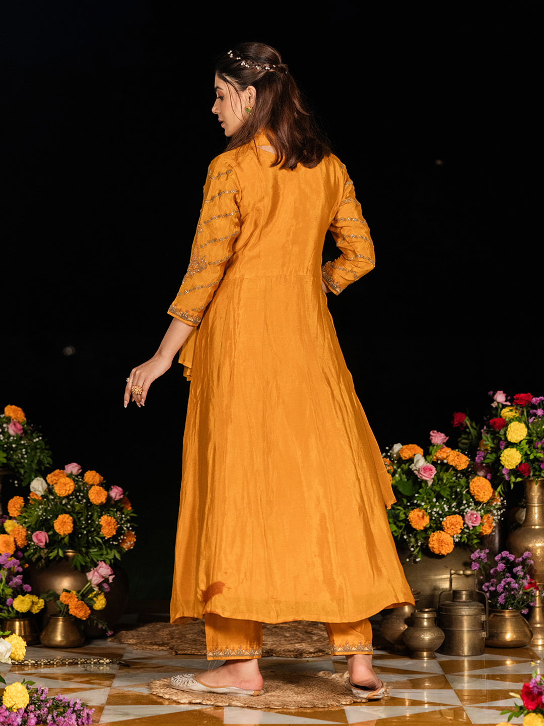 Yellow Chinon Zari Sequence Thread Embroidered With Coding Kurta With Pant And Dupatta Set