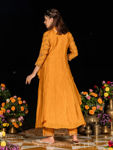 Yellow Chinon Zari Sequence Thread Embroidered With Coding Kurta With Pant And Dupatta Set