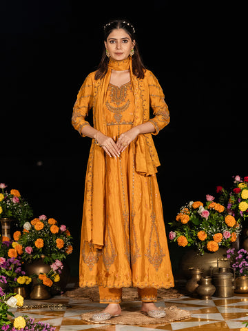 Yellow Chinon Zari Sequence Thread Embroidered With Coding Kurta With Pant And Dupatta Set