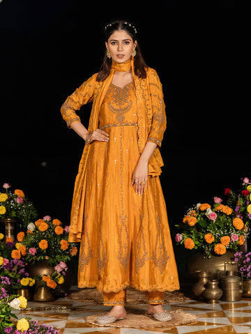 Yellow Chinon Zari Sequence Thread Embroidered With Coding Kurta With Pant And Dupatta Set