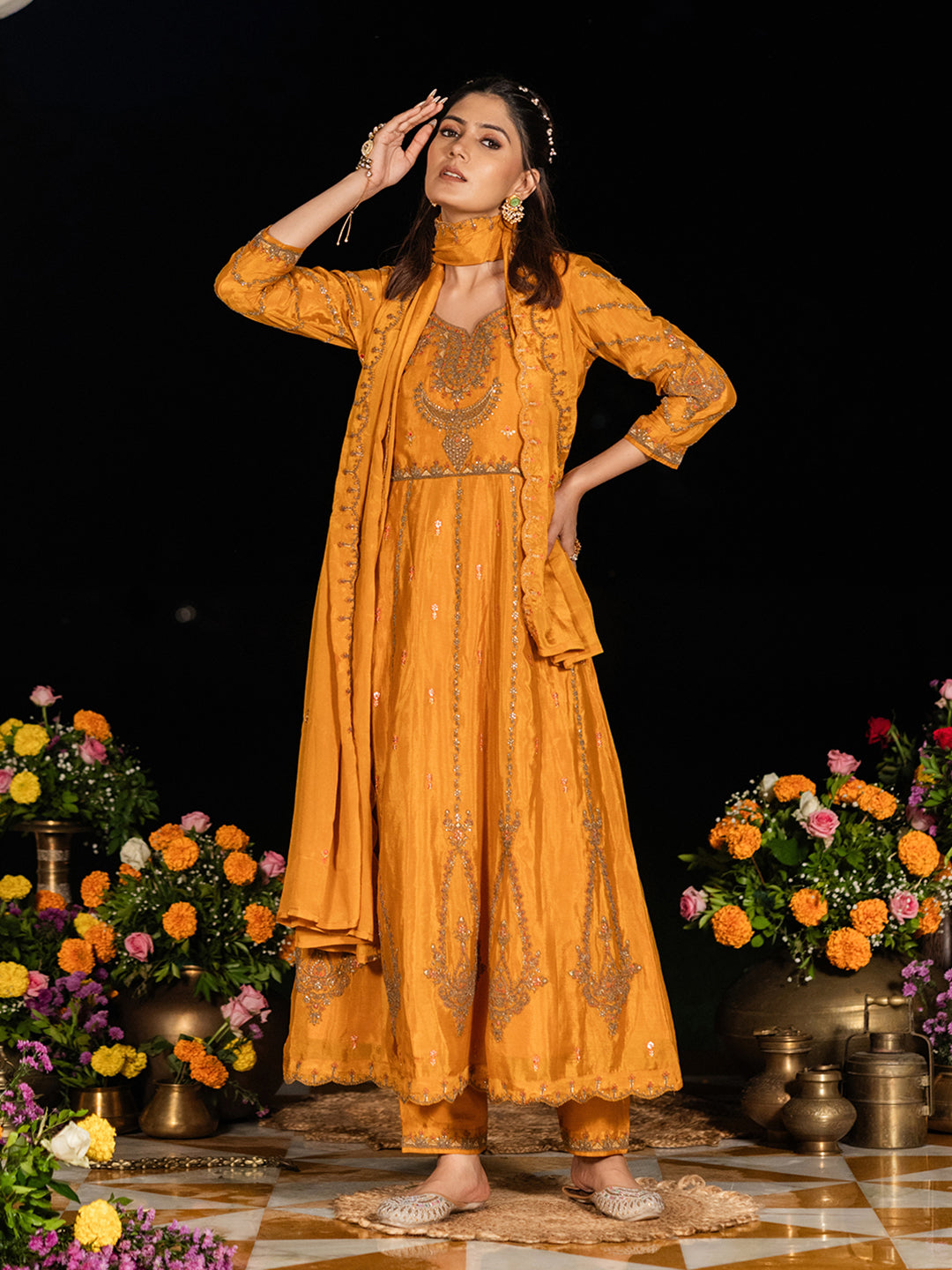 Mustard Embroidered Anarkali Kurta Set with Dupatta
