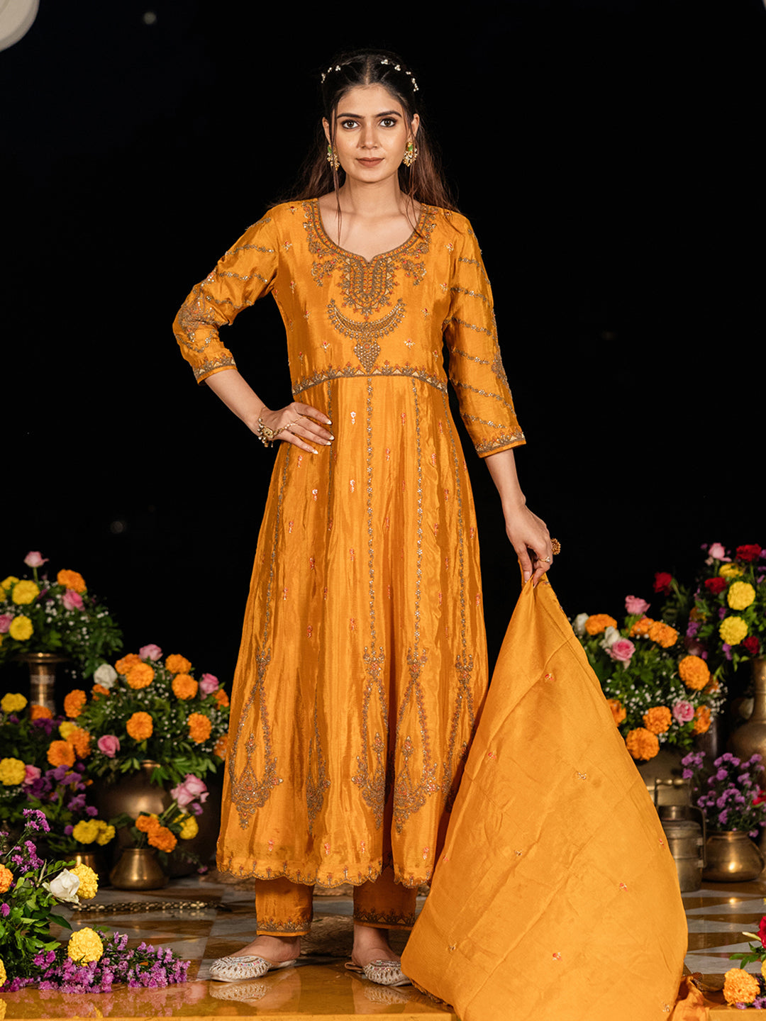 Mustard Embroidered Anarkali Kurta Set with Dupatta