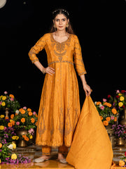 Yellow Chinon Zari Sequence Thread Embroidered With Coding Kurta With Pant And Dupatta Set