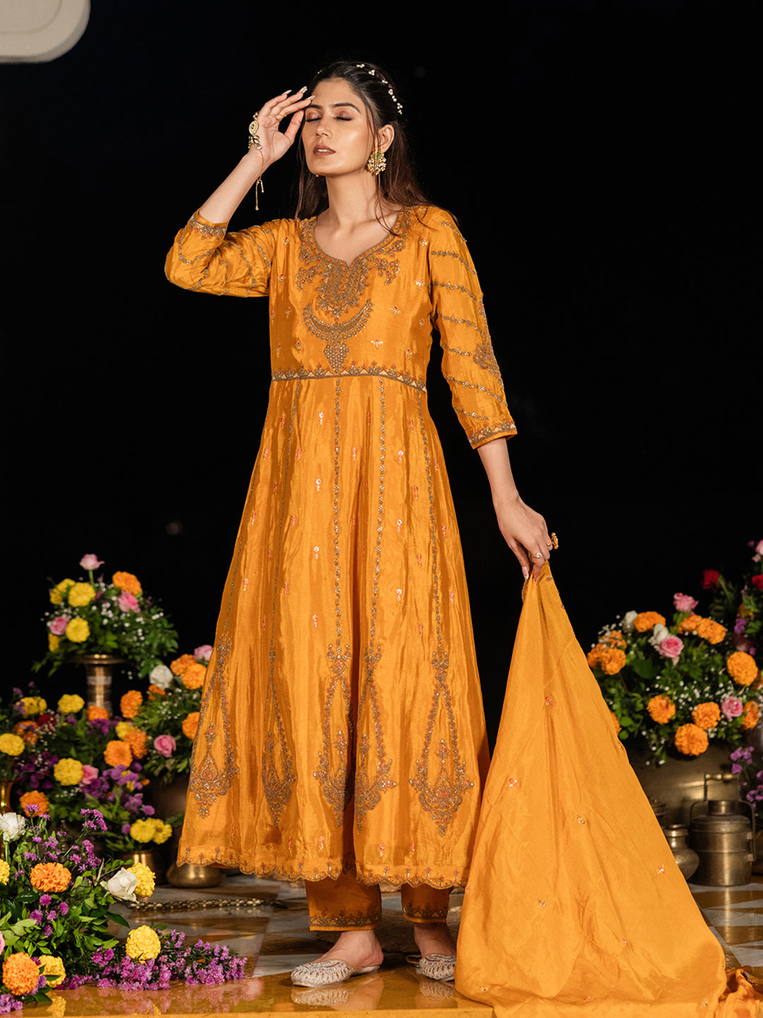 Mustard Embroidered Anarkali Kurta Set with Dupatta