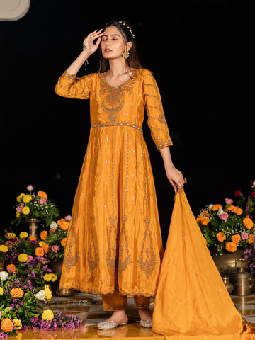 Yellow Chinon Zari Sequence Thread Embroidered With Coding Kurta With Pant And Dupatta Set