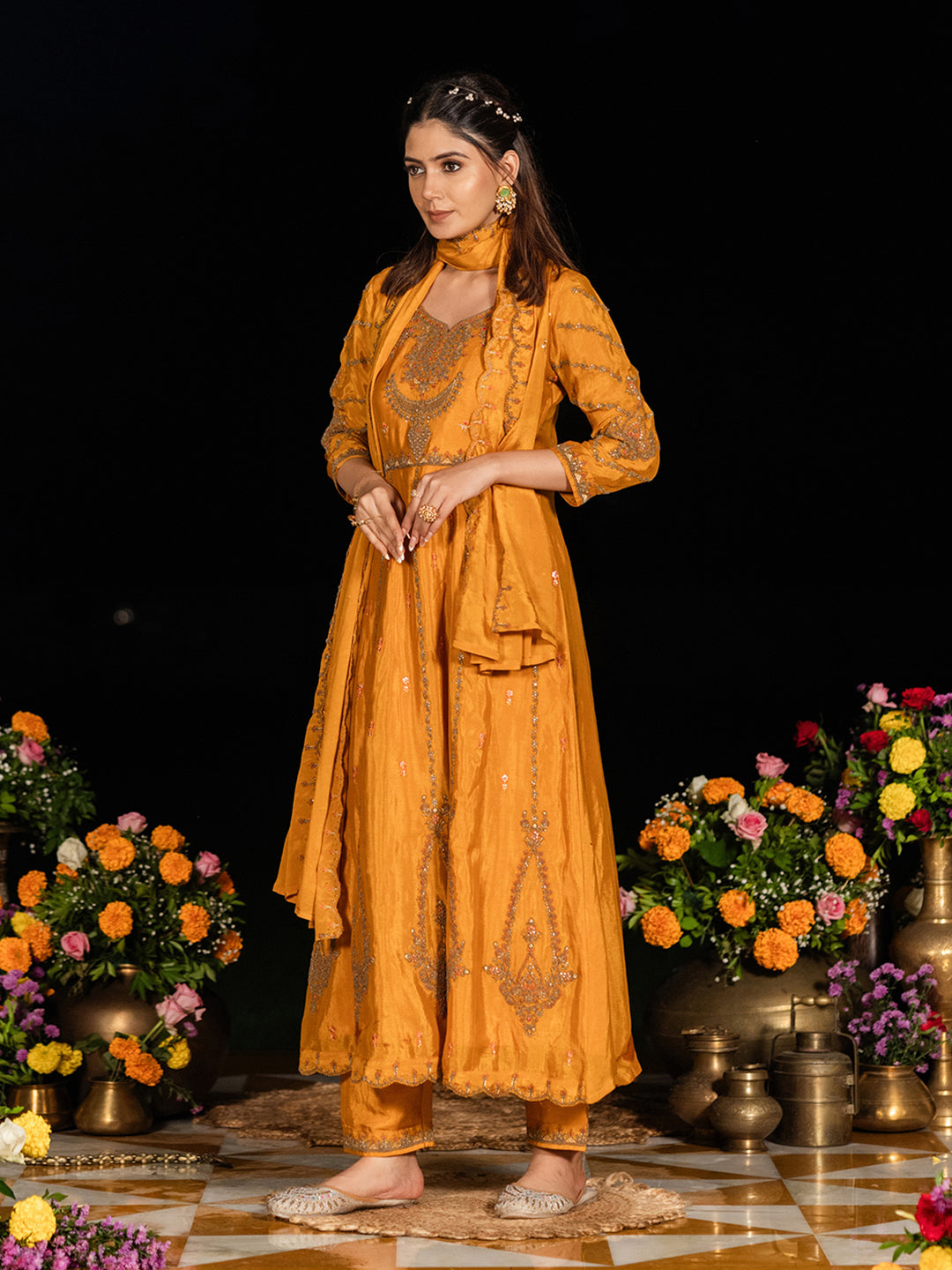 Yellow Chinon Zari Sequence Thread Embroidered With Coding Kurta With Pant And Dupatta Set