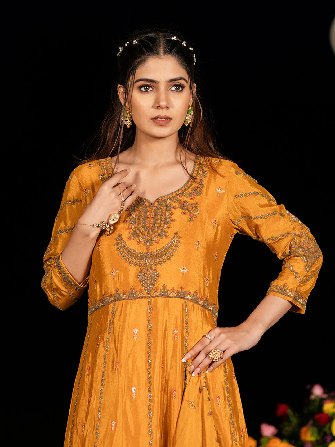 Yellow Chinon Zari Sequence Thread Embroidered With Coding Kurta With Pant And Dupatta Set