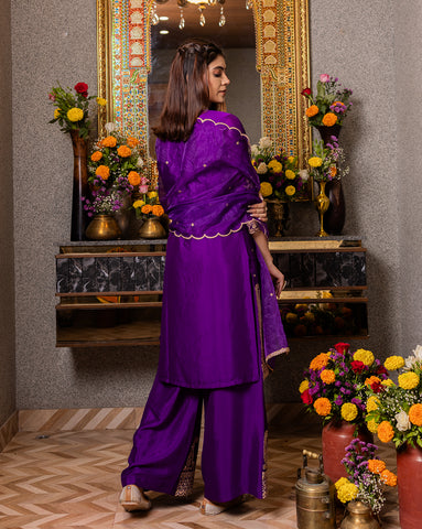Purple Vichitra Zari Sequence Embroidered Kurta With Palazzo And Dupatta Set