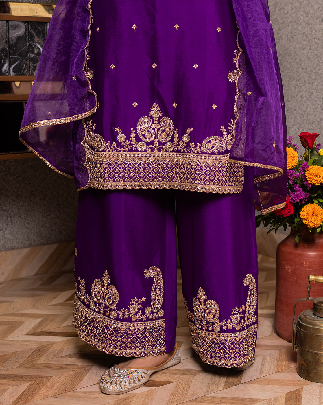 Purple Vichitra Zari Sequence Embroidered Kurta With Palazzo And Dupatta Set