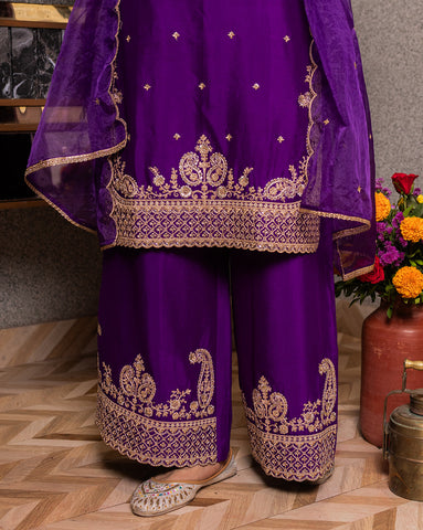Purple Embroidered Kurta Set with Palazzo & Dupatta