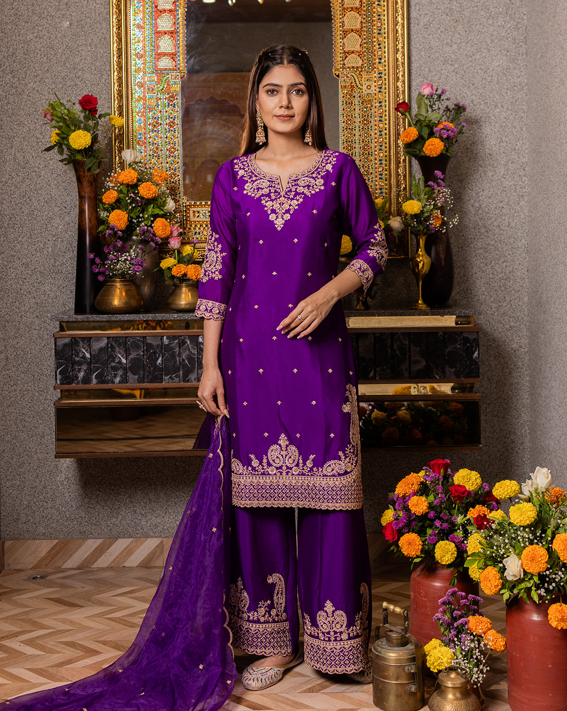 Purple Embroidered Kurta Set with Palazzo & Dupatta