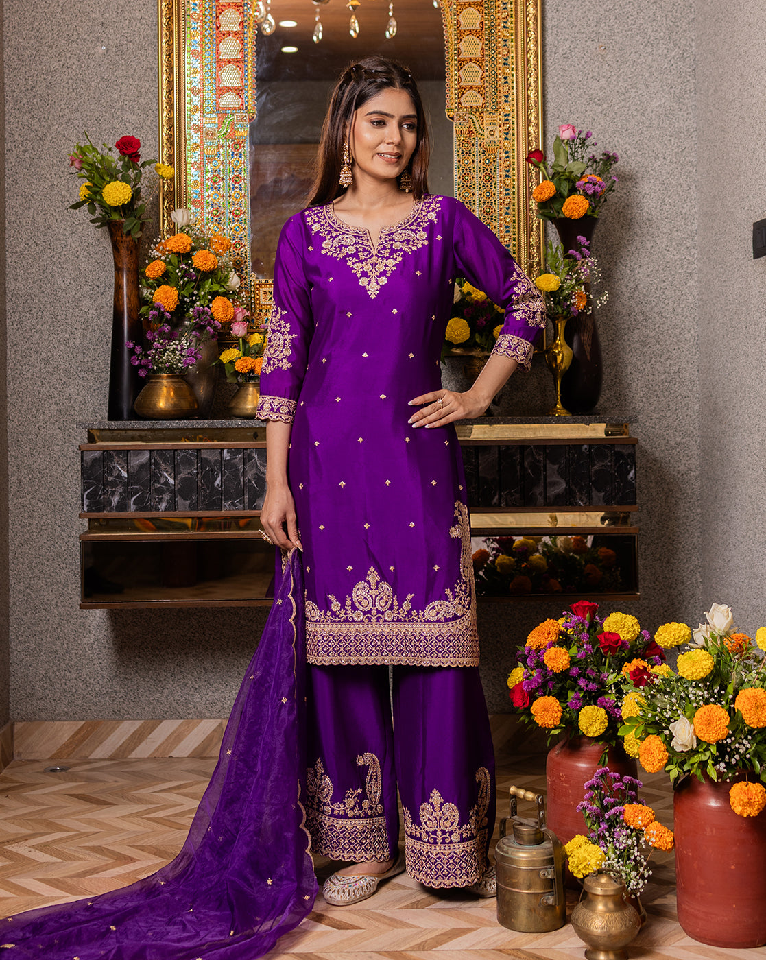 Purple Vichitra Zari Sequence Embroidered Kurta With Palazzo And Dupatta Set