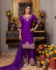 Purple Embroidered Kurta Set with Palazzo & Dupatta