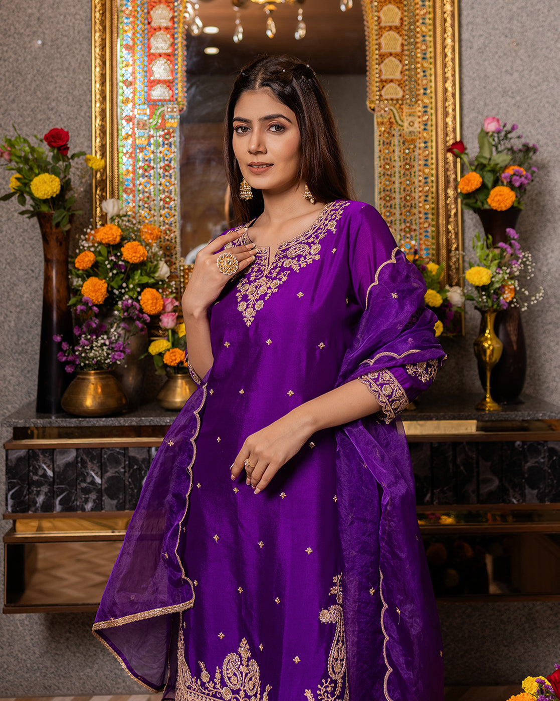Purple Vichitra Zari Sequence Embroidered Kurta With Palazzo And Dupatta Set
