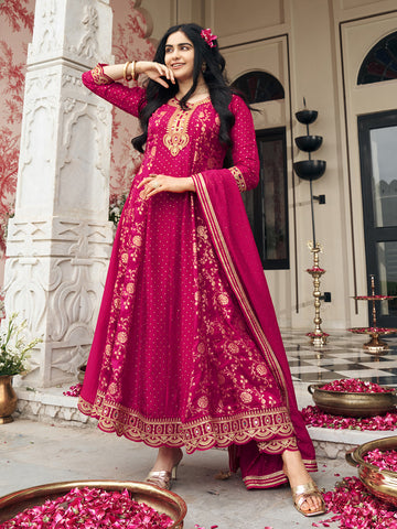 Pink Chinon Zari Sequence Thread Embroidered Coding With Mirror Work Kurta With Pant And Dupatta Set