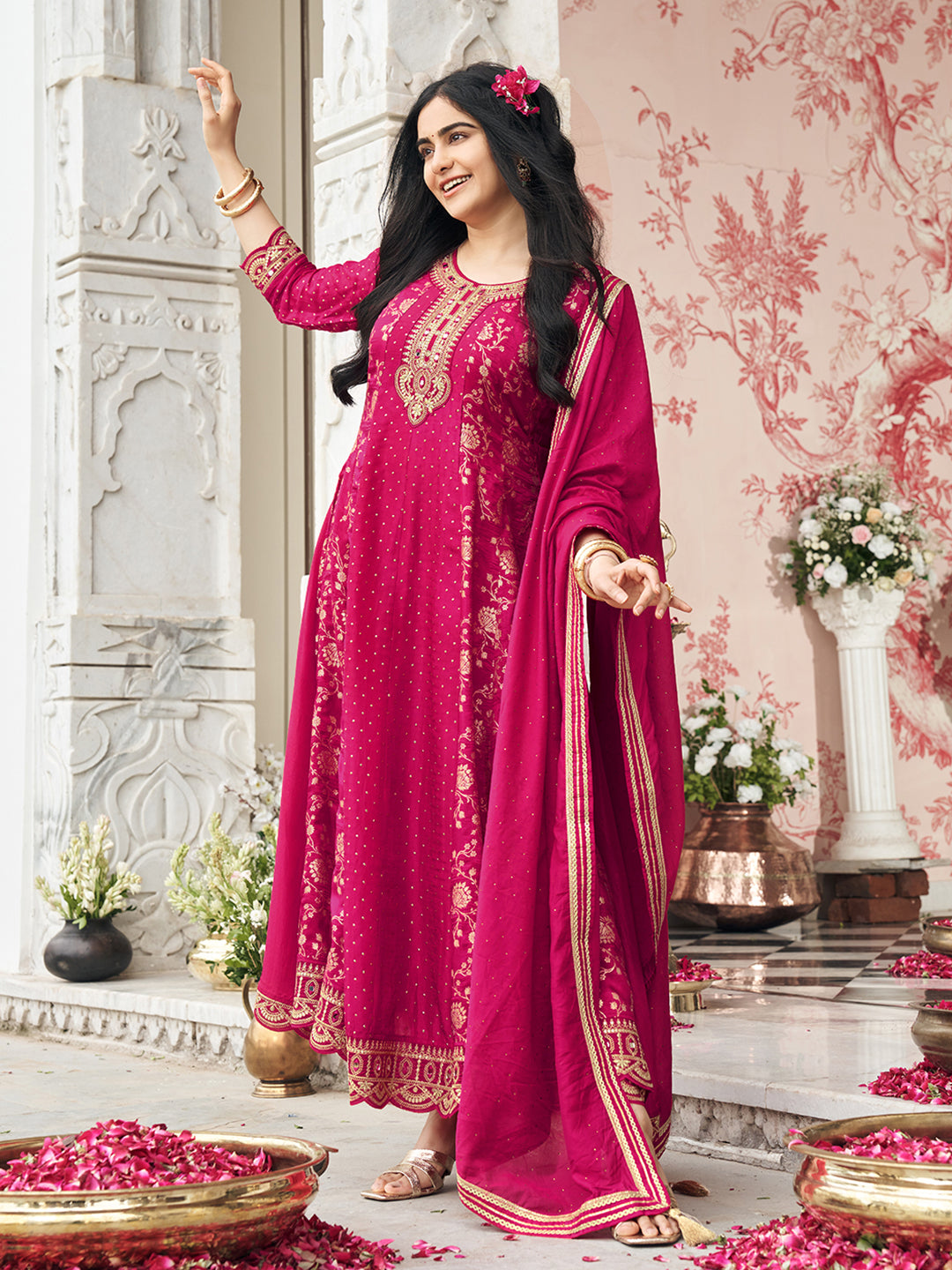 Pink Chinon Zari Sequence Thread Embroidered Coding With Mirror Work Kurta With Pant And Dupatta Set