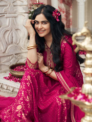 Pink Chinon Zari Sequence Thread Embroidered Coding With Mirror Work Kurta With Pant And Dupatta Set