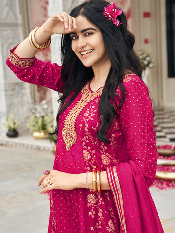 Pink Chinon Zari Sequence Thread Embroidered Coding With Mirror Work Kurta With Pant And Dupatta Set