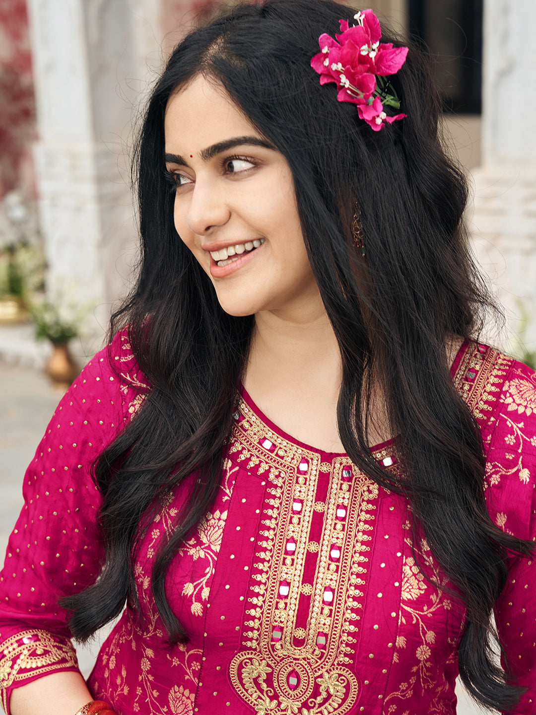 Pink Chinon Zari Sequence Thread Embroidered Coding With Mirror Work Kurta With Pant And Dupatta Set