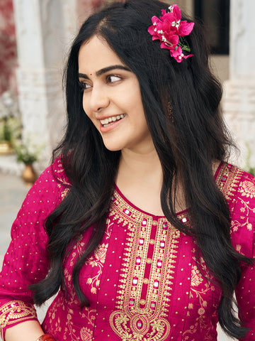 Pink Chinon Zari Sequence Thread Embroidered Coding With Mirror Work Kurta With Pant And Dupatta Set
