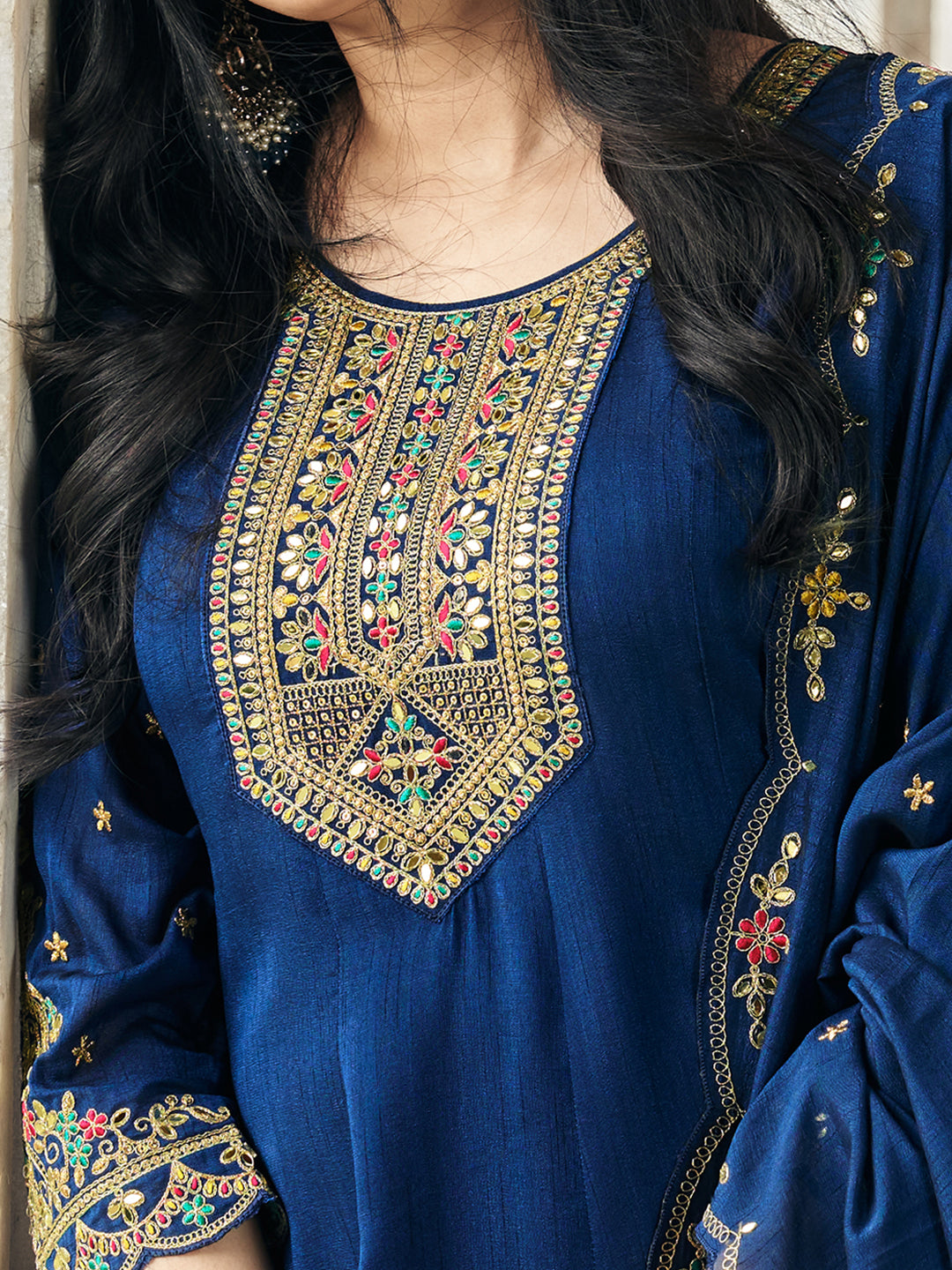 Navy Blue Vichitra Zari Sequence Embroidered Coding With Mirror Work Kurta With Pant And Dupatta Set