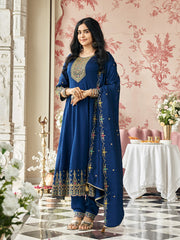 Navy Blue Vichitra Zari Sequence Embroidered Coding With Mirror Work Kurta With Pant And Dupatta Set