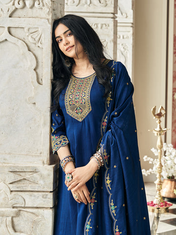 Navy Blue Vichitra Zari Sequence Embroidered Coding With Mirror Work Kurta With Pant And Dupatta Set