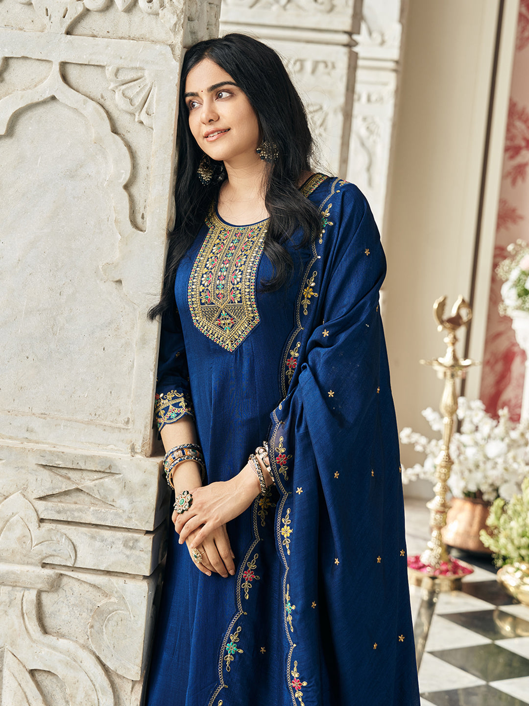 Navy Blue Vichitra Zari Sequence Embroidered Coding With Mirror Work Kurta With Pant And Dupatta Set