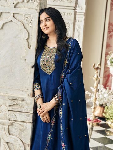 Navy Blue Embroidered Kurta Set with Dupatta