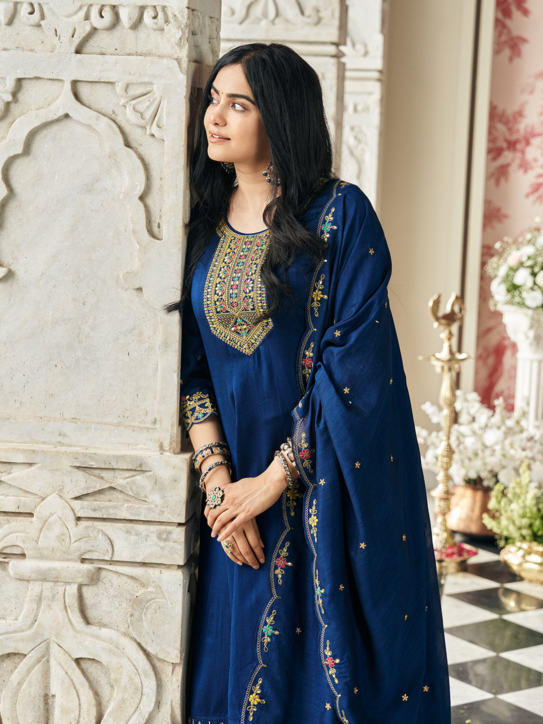 Navy Blue Vichitra Zari Sequence Embroidered Coding With Mirror Work Kurta With Pant And Dupatta Set
