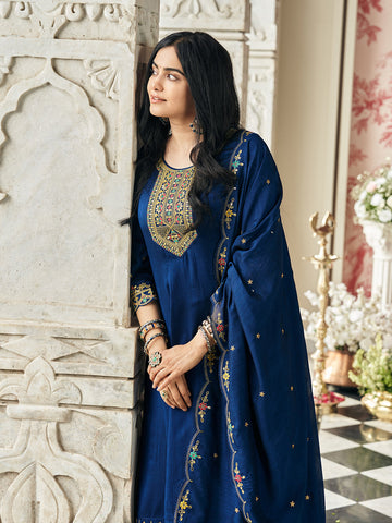 Navy Blue Embroidered Kurta Set with Dupatta