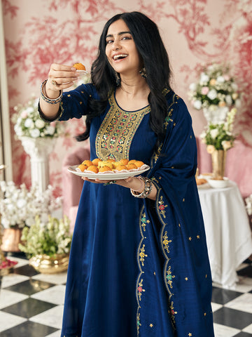Navy Blue Vichitra Zari Sequence Embroidered Coding With Mirror Work Kurta With Pant And Dupatta Set