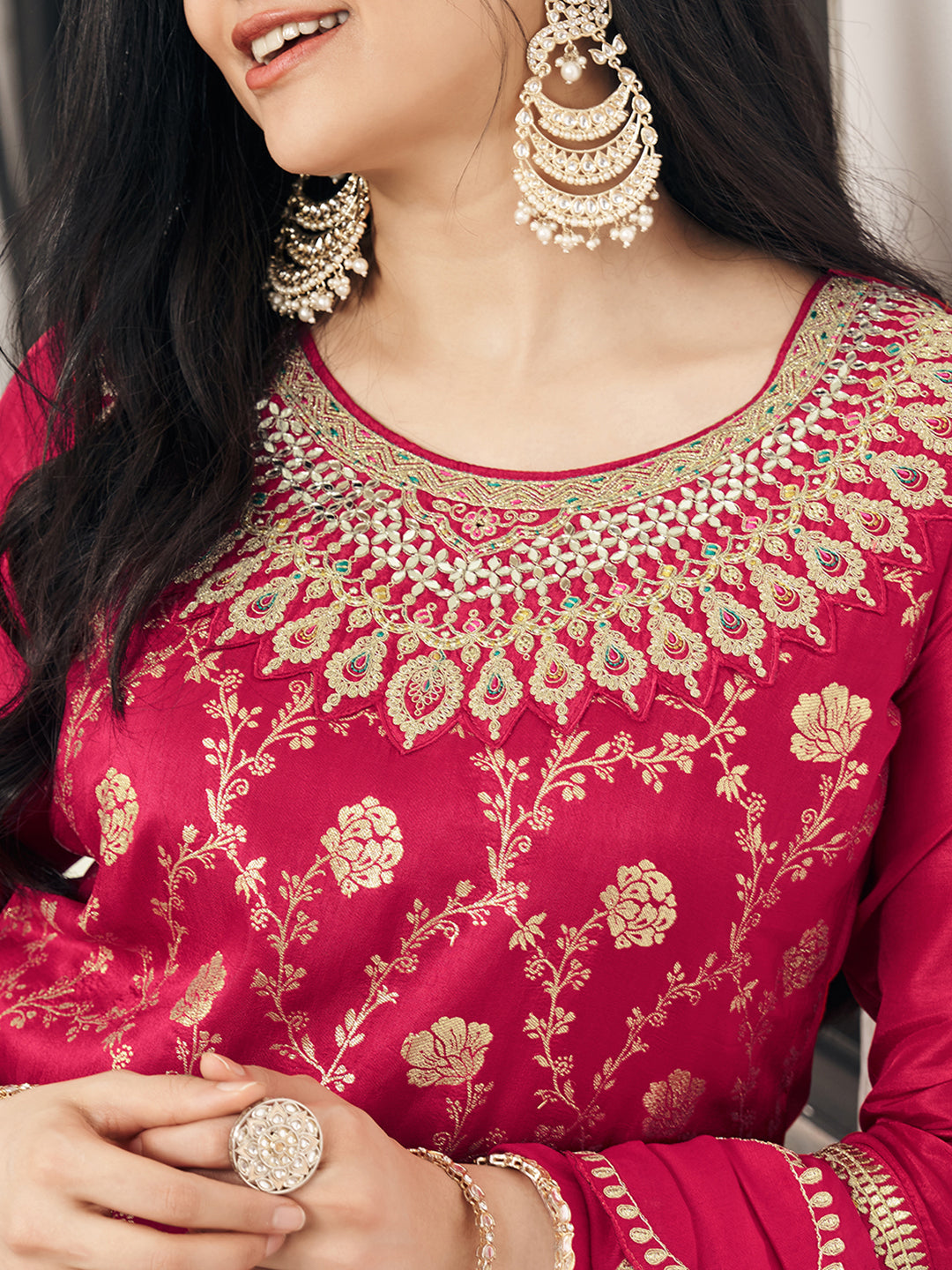 Red Silk Blend Zari Thread Embroidered Coding With Mirror Work Kurta With Pant And Dupatta Set