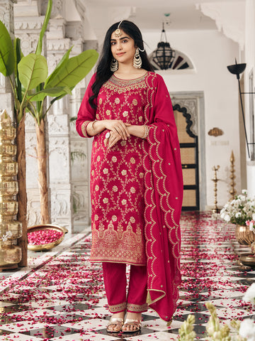 Red Silk Blend Zari Thread Embroidered Coding With Mirror Work Kurta With Pant And Dupatta Set