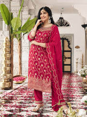 Red Silk Blend Zari Thread Embroidered Coding With Mirror Work Kurta With Pant And Dupatta Set