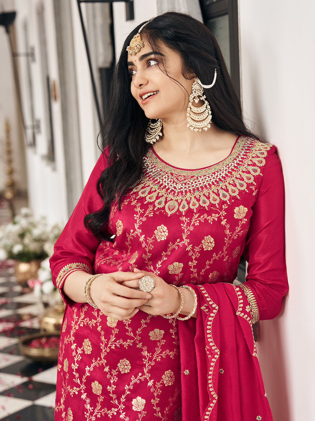 Red Silk Blend Zari Thread Embroidered Coding With Mirror Work Kurta With Pant And Dupatta Set
