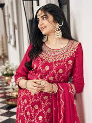 Red Silk Blend Zari Thread Embroidered Coding With Mirror Work Kurta With Pant And Dupatta Set
