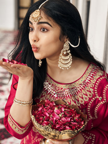 Red Silk Blend Zari Thread Embroidered Coding With Mirror Work Kurta With Pant And Dupatta Set